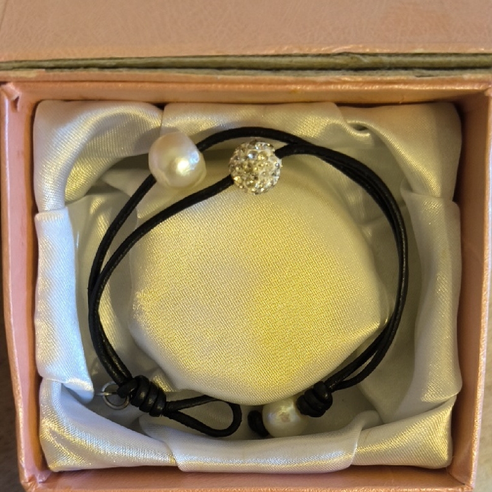 Black Cord Bracelet with Pearl and Crystal Pavé Bead